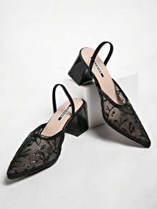 New Chinese Style White High Heel Mules, Pointed Toe Lace Embroidery Convertible Sandals For Women - Black - View 6
