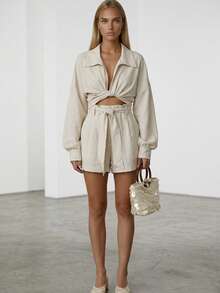Women's Solid Color Drop Shoulder Long Sleeve Shirt And Shorts Casual Set - Champagne - View 2