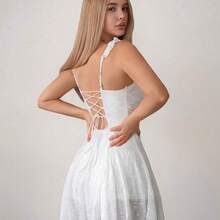 Women's Floral Embroidery Ruched Waist Elegant Mini Dress, Suitable For Dates And Parties - Blanco - Ver 3