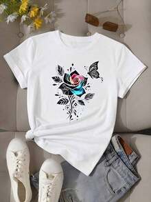 Camiseta de mujer moderna, informal, para fiestas y para estar en casa, 100% algodón, corte holgado. Camiseta blanca informal vintage para mujer con estampado gráfico de mariposas y flores, top de poliéster de manga corta, cuello redondo y corte holgado para verano. - Blanco - Ver 4