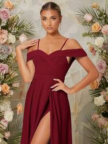 Belle Vestido De Hombros Descubiertos Para Mujer Con Abertura Alta - Burdeos - Ver 5