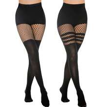 MANZI Faux Thigh High Tights Mock Suspender Pantyhose Striped Goth Fishnets Pack Of 2 - Black - View 14