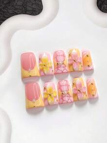 10片裝極簡手工穿戴甲，Polygel美甲套組，手工四瓣花裝飾，亮粉色與亮黃色指甲油，活力風格，含美甲工具，3種尺寸可選：杏仁形、鴨嘴形、棺材形，適合派對、跳舞、日常配戴 - 彩色 - 查看 15