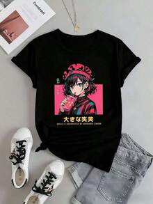 Under The RadarCamiseta gráfica de anime para mujer, ideal para oto?o. Confeccionada en tela premium, corte holgado, transpirable y con un estampado artístico.-Vintage Street Style Unisex Loose Cotton Short Sleeve Crew Neck T-Shirt - Negro - Ver 2
