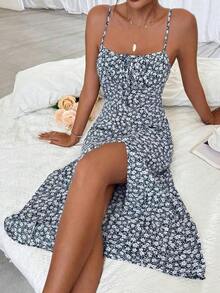 Vestido largo con estampado floral diminuto y abertura lateral para mujer - Azul marino - Ver 3