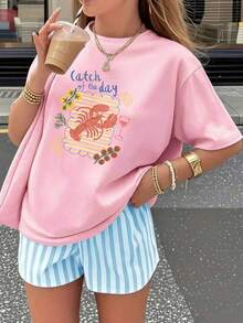 Camiseta oversize rosa de verano para mujer con estampado de peces y rayas Camiseta casual rosa de manga corta con gráfico de peces, ideal para looks de verano - YH493 - Rosa - Ver 1