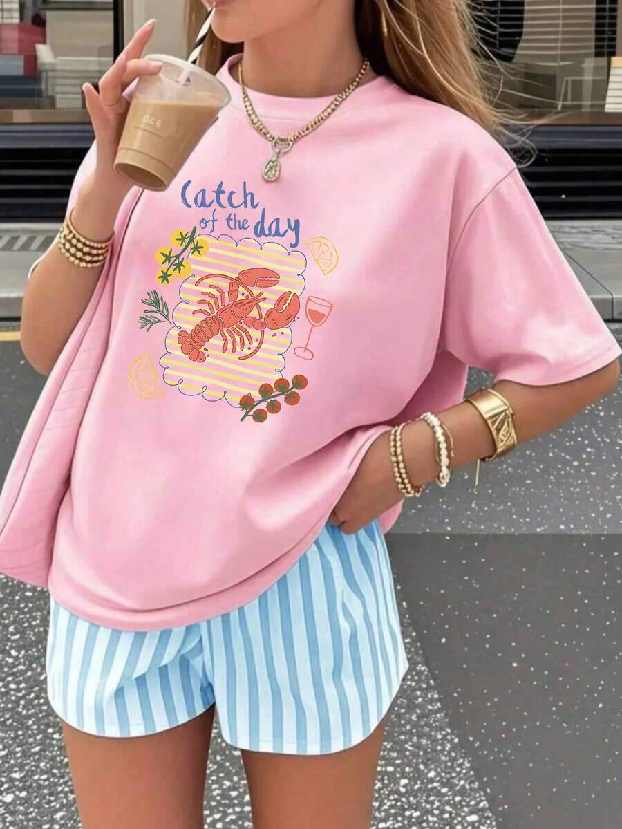 Camiseta oversize rosa de verano para mujer con estampado de peces y rayas Camiseta casual rosa de manga corta con gráfico de peces, ideal para looks de verano - YH493 - Rosa - Ver 1