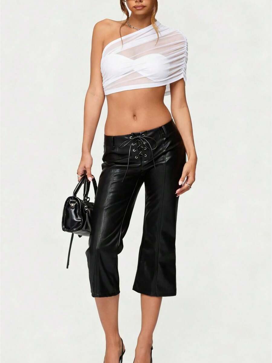 Women's Mesh Sheer One Shoulder Crop Top Ruched Asymmetrical Short Sleeve Bodycon Bra Top Going Out See-Through Layered Top - White - View 1