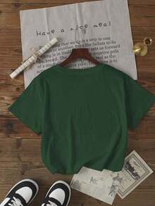 Camiseta de manga corta para mujer con diseño de perlas vintage y elegante, tela de poliéster elástica, cuello redondo, estilo casual urbano para primavera/verano, diseño de perlas en blanco y negro. - Verde Oscuro - Ver 2