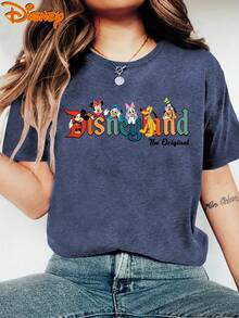 Women'S Disney Short Sleeve Crew Neck T-Shirt, Vintage Cartoon Chessboard Watercolor Print, Double-Sided Minnie Mouse Design, Casual Everyday Summer Top, Breathable Comfort, Spring, Summer, Fall, Disney Travel, Fashionable Vintage Style, S-XXL - Xanh đậm - Xem 2