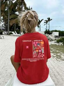 Vintage Women's Round Neck T-Shirt With Double-Sided Print, "God's Plan, Your Plan" (Isaiah 55:8-9), Floral Pattern T-Shirt, Casual Christian Faith Top, Soft And Lightweight Women's T-Shirt, Religious Gift, Breathable And Stylish. - 紅色 - 查看 3