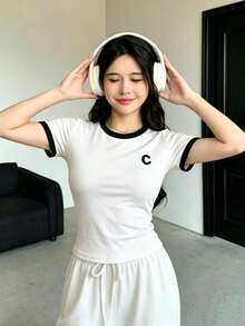 Regalo hasta agotar existencias, Set de 2 piezas de camiseta de cuello redondo holgada con estampado de letras y pantalones con cordón para mujer - Blanco - Ver 5