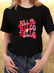 Playera de mujer 100% algodón manga corta Hello flores coloridas casual verano - Negro - Ver 6
