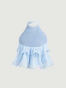 Top corto elegante de múltiples capas con volantes en azul marino, top para Año Nuevo, top de fiesta, top minimalista casual de mujer con botones frontales y tirantes anchos para uso diario, look vintage para el Día de San Valentín - Azul - Ver 2