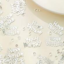 15g Confettis d'argent "Joyeux anniversaire", mélangés avec des strass transparents, décoration de gâteau et de fête, avec des lettres argentées brillantes "Joyeux anniversaire" et des strass étincelants, convient à diverses scènes de fête d'anniversaire. Fabriqué en matériau argent brillant, uniformément brillant et indélébile, bords soigneusement découpés, rigide et durable, peut être directement éparpillé sur les tables. - Voir 6