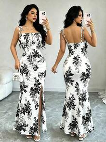 Nuevo vestido de mujer con tirantes de espagueti, lazo en la cintura, diseño de dobladillo fruncido y abertura, versátil para citas, fiestas y uso diario, favorecedora y elegante - Negro - Ver 1