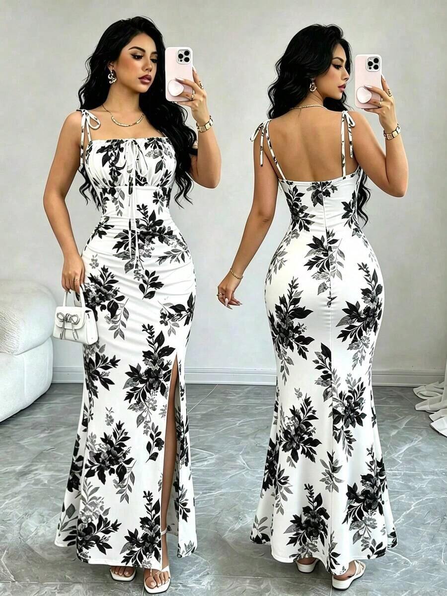 Nuevo vestido de mujer con tirantes de espagueti, lazo en la cintura, diseño de dobladillo fruncido y abertura, versátil para citas, fiestas y uso diario, favorecedora y elegante - Negro - Ver 1