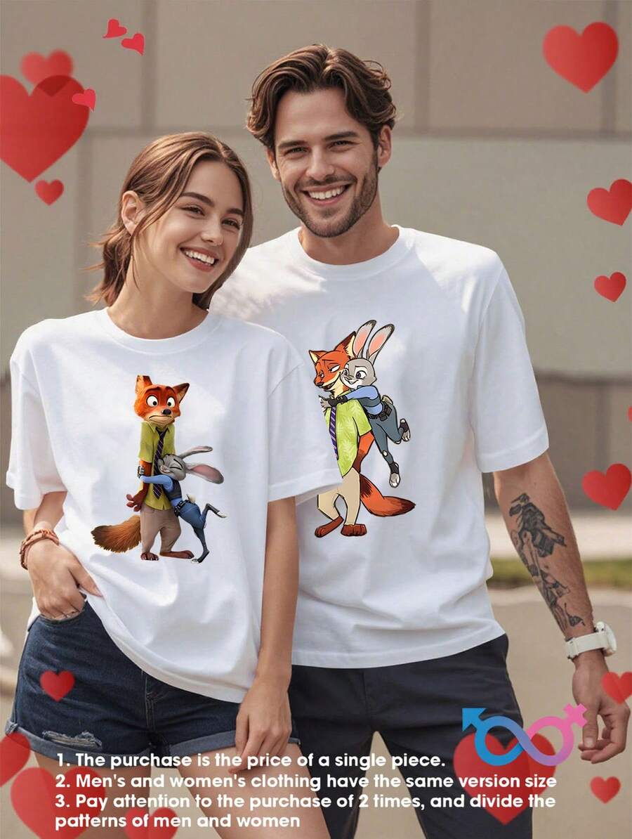 Disney Zootopia Lovers Cotton T-Shirt, Fox And Rabbit Lovers Print Series, Casual Short-Sleeved Round Neck, Breathable, Moderately Elastic, Machine Washable, Spring And Summer Women's Fashion, Lovers' Clothes, Graphic T-Shirt, Comfortable And Fit. - 男士T卹 - 查看 1