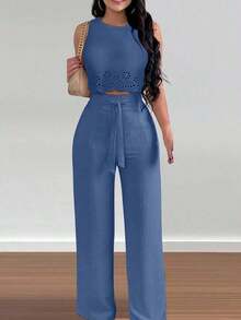 Conjunto de 2 piezas para mujer compuesto por top de tirantes escote en V elegante y pantalones rectos, diseño con lazo hueco - Azul - Ver 3