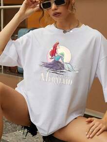 Illustration Of A Red-Haired Mermaid Sitting On A Moonlit Rock, Symbolizing Freedom, Dreams, And A Connection To The Sea, Creating A Magical And Elegant Feel. This Comfortable And Perfect Casual Women's T-Shirt Is Ideal For Summer. - 白色 - 查看 6