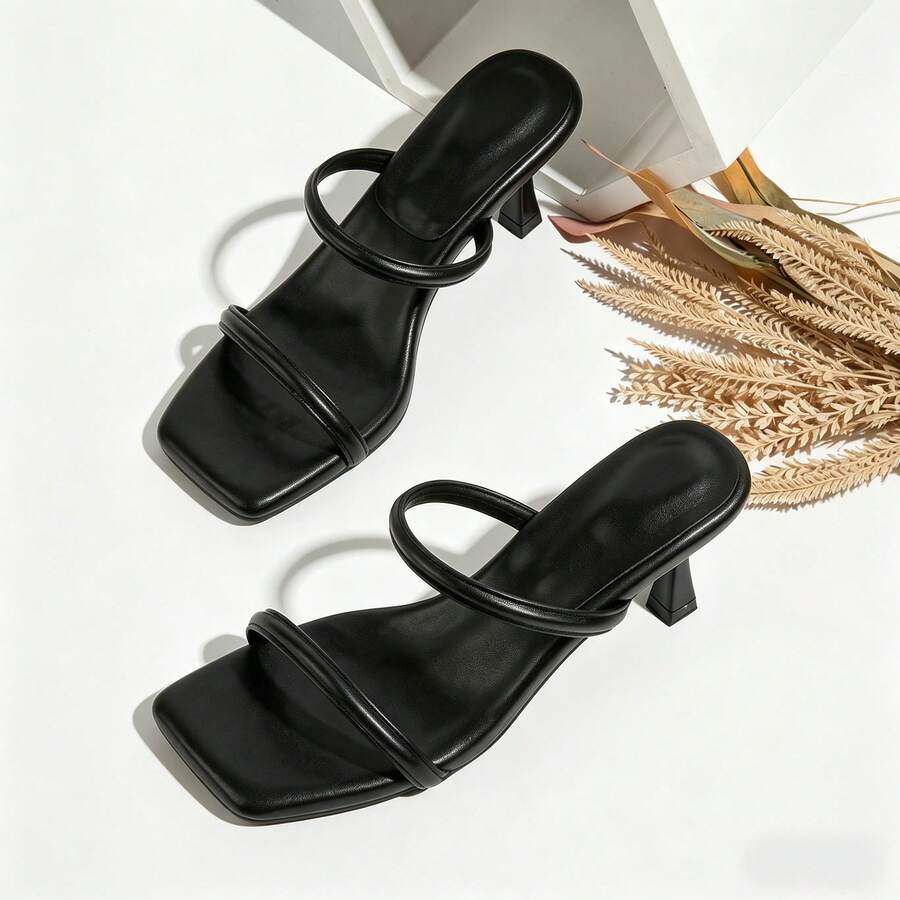 Sandalias de tacón alto con diseño de doble correa, estilo minimalista, zapatos de tacón de gatito para mujer con punta cuadrada - Negro - Ver 1