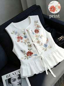 Top sin mangas elegante, versátil y casual con decoración de lazo, adecuado para uso diario, vacaciones, citas, fiestas, playa - Mujer - Blanco - Ver 1