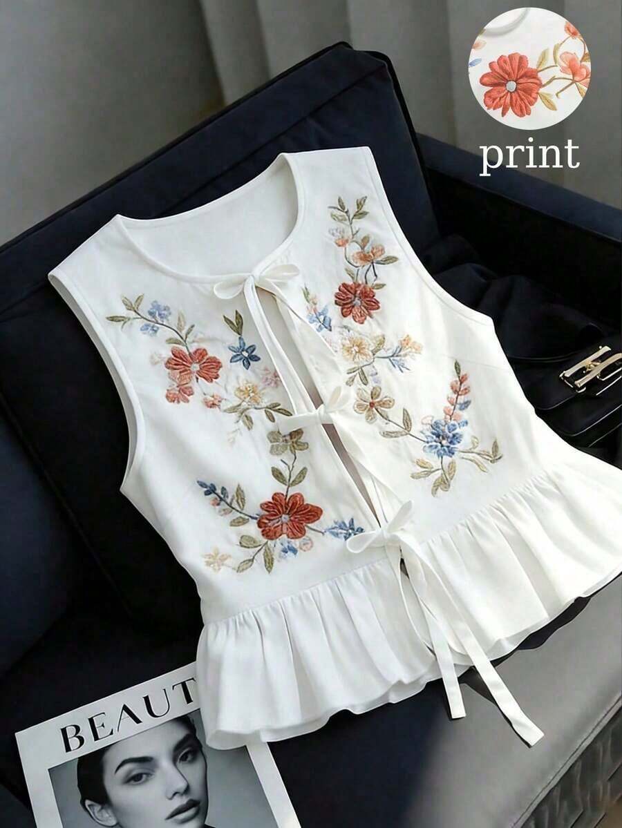 Top sin mangas elegante, versátil y casual con decoración de lazo, adecuado para uso diario, vacaciones, citas, fiestas, playa - Mujer - Blanco - Ver 1