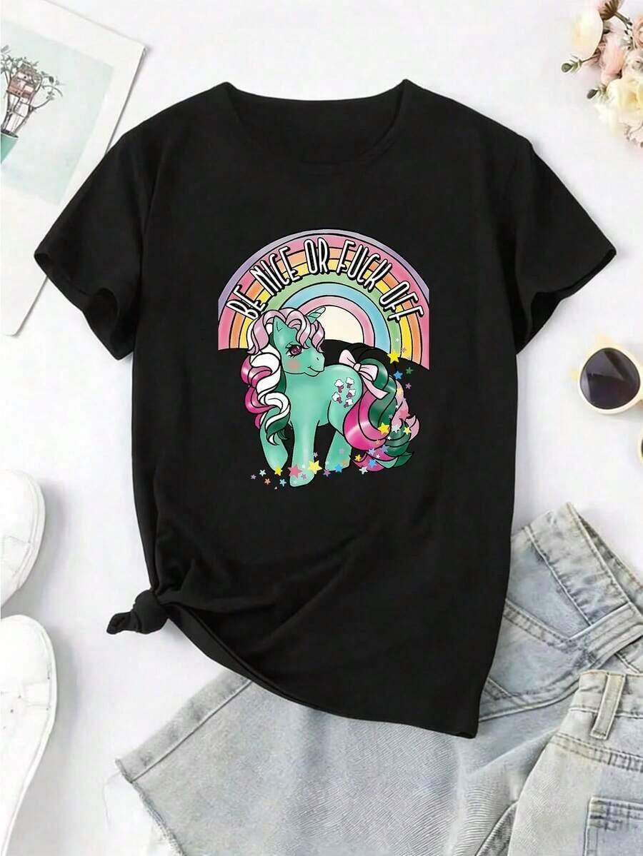 Camiseta de mujerCamiseta Casual de Manga Corta para Mujer con Cuello Redondo, Fondo de Arcoíris de Unicornio Verde con Estampado de Estrellas, Camiseta de Manga Corta para Primavera y Verano, Camiseta con Estampado de , Camiseta Casual de Moda con Estampado de Dibujos Animados deCómoda y ligera - Negro - Ver 1