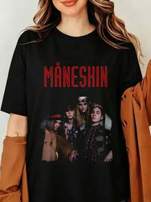 Maneskin Rock Band Graphic T-Shirt Damiano David Vintage 90s Music Print Black Oversized Cotton Tee Men Women Streetwear Top, Maneskin T-Shirts, Sizes For Men And Women - Black - View 6
