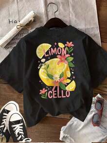 Fashionable Women's Casual T-Shirt With A Double-Sided Print, Suitable For Both Spring And Summer, Featuring A Fresh Lemon Floral Design, Round Neck, And Short Sleeves - Unisex Loose-Fitting Cotton T-Shirt In An Urban Vintage Style With A Round Neck And Short Sleeves. Soft - 黑色 - 查看 3