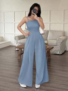 de pierna ancha holgado con pliegues plegados de unicolor para uso casual y diario de verano para mujeres - Azul - Ver 3