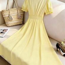 Women's Light Yellow Solid Color Square Neck Short Sleeve Pearl Button Decor Charming Elegant Everyday Vacation Commute Fashion Date French Street Retro Versatile Spring/Summer Light Yellow New Mid-Length Dress - Amarillo claro - Ver 3