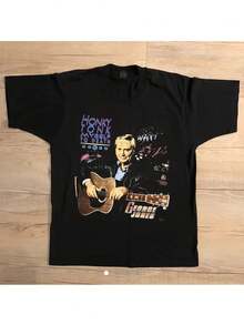 Camiseta de Alta Resistencia para Hombre de George Jones - Estampado de la firma del icónico ícono de la música country, camiseta de manga corta con cuello redondo, adecuada para vacaciones, conciertos y atuendos casuales, estilo retro casual para fans del country, ropa lavable a máquina. Una camiseta de manga corta adecuada para el hogar, uso diario, fiestas y viajes, perfecta como regalo para amigos o familiares. - Negro - Ver 6
