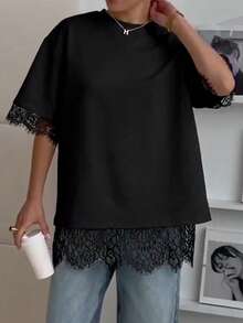 女款休閒寬鬆蕾絲拼接露背圓領短袖T恤，波希米亞風黑色夏季款 - 黑色 - 查看 3