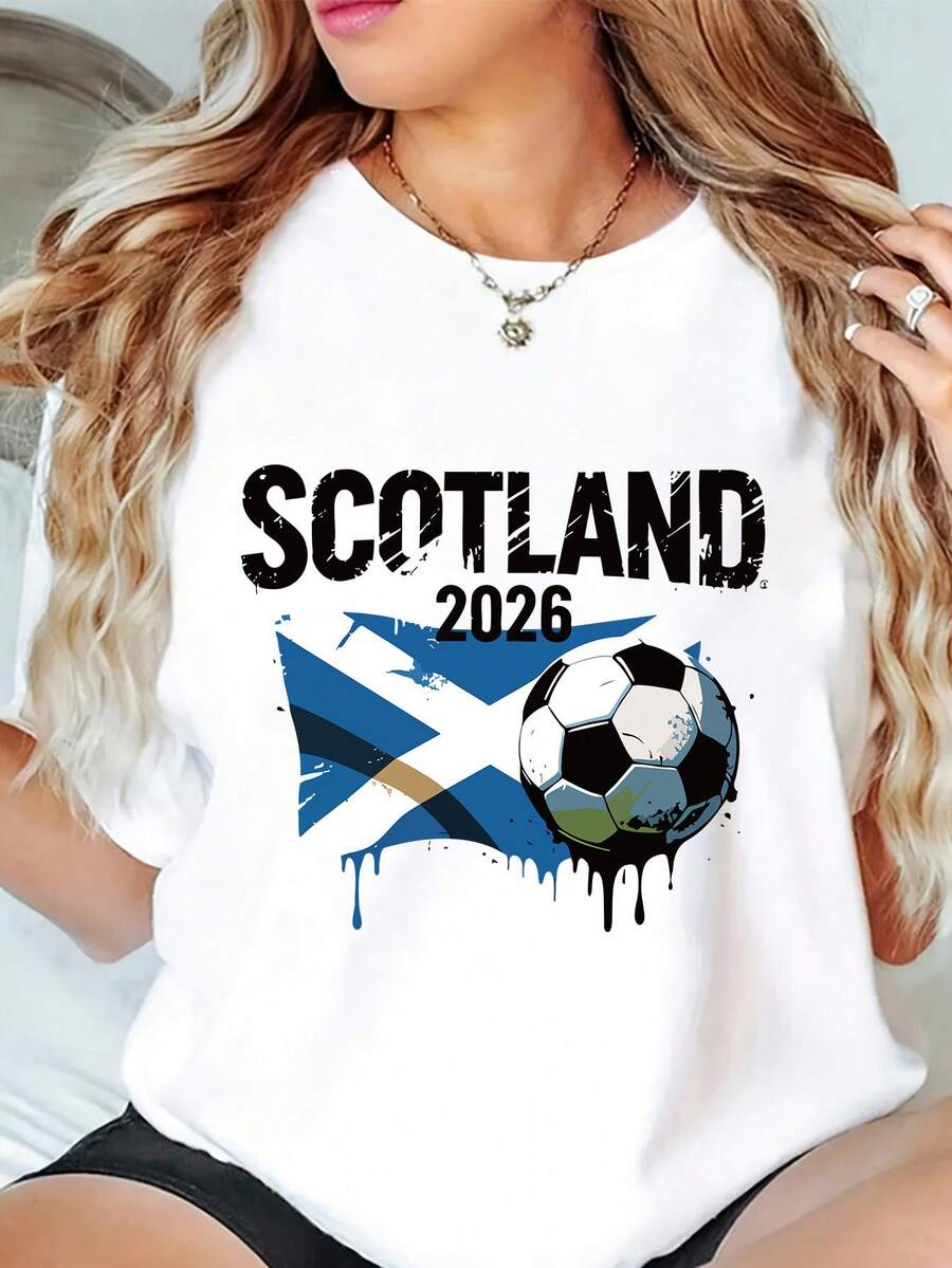 Camiseta 100% para mujer, con estampado de la bandera de Escocia 2026, cuello redondo, manga corta, top casual de moda para el verano, blusa transpirable y cómoda para aficionados. - Negro - Ver 1