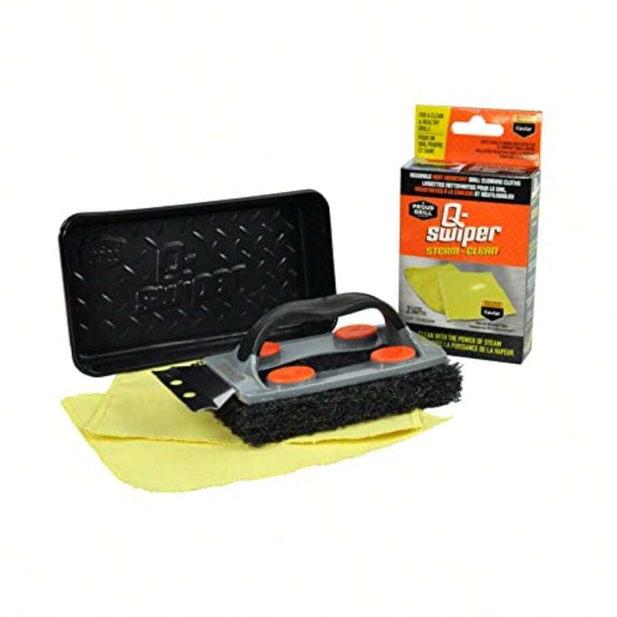 Proud Grill Q-Swiper Steam Clean BBQ Grill Cleaner Set - 1 Bristle-Free Brush With Scraper, 2 Heat Resistant Kevlar Cloths, 1 Water Tray, Grease And Grime Remover,  Cleaning Kit For Outdoor Grilling - 如圖所示 - 查看 1