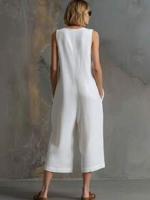New Spring-Summer Jumpsuit For Women, Retro Casual Style, Sleeveless, White, Linen And Cotton, 3/4 Wide Leg, Flattering Design, Perfect For Daytime Looks, Walks And Holidays - 白色 - 查看 3