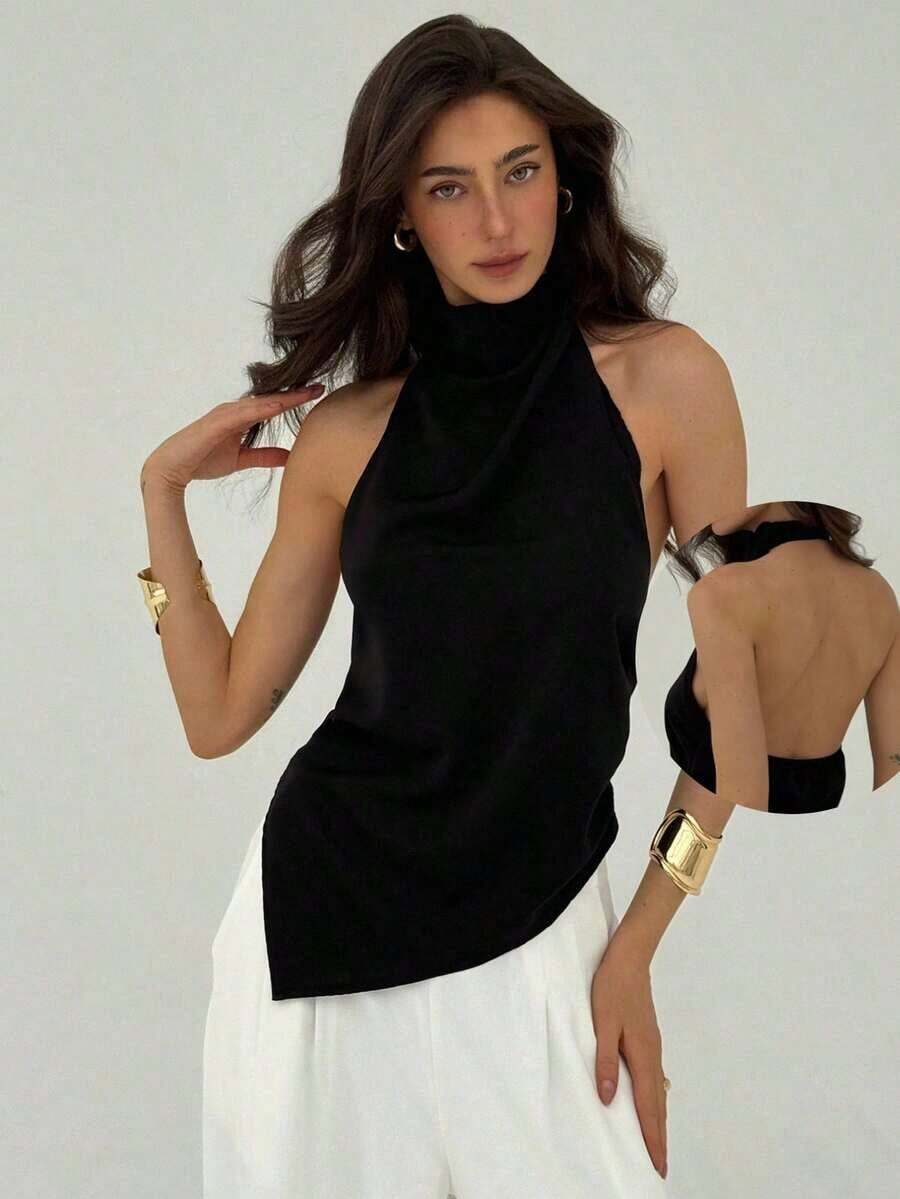 Blusa de cuello halter con bajo asimétrico de unicolor, top de verano para mujer, top de vacaciones de verano - Negro - Ver 1
