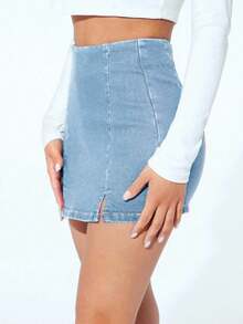 Falda pantalón informal de mezclilla con corte alto y dobladillo con doble abertura para mujer - Azul 3 - Ver 3