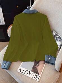 Camisa de efecto de mezclilla de parchwork casual para mujer, otoño/invierno - Verde militar - Ver 2