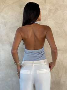 Blusa de mujer de unicolor con cuello halter, pliegues y bajo asimétrico - Azul y blanco - Ver 2