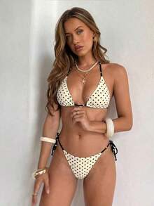 Conjunto de bikini de 2 piezas con estampado de lunares, traje de baño sexy para fiestas y festivales de música, atuendo de playa para vacaciones de mujer - Albaricoque - Ver 3