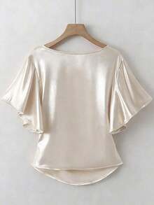 Blusa de satén elegante, blusa de manga corta, blusa de cuello en V, blusa de uso diario - Albaricoque 2 - Ver 2