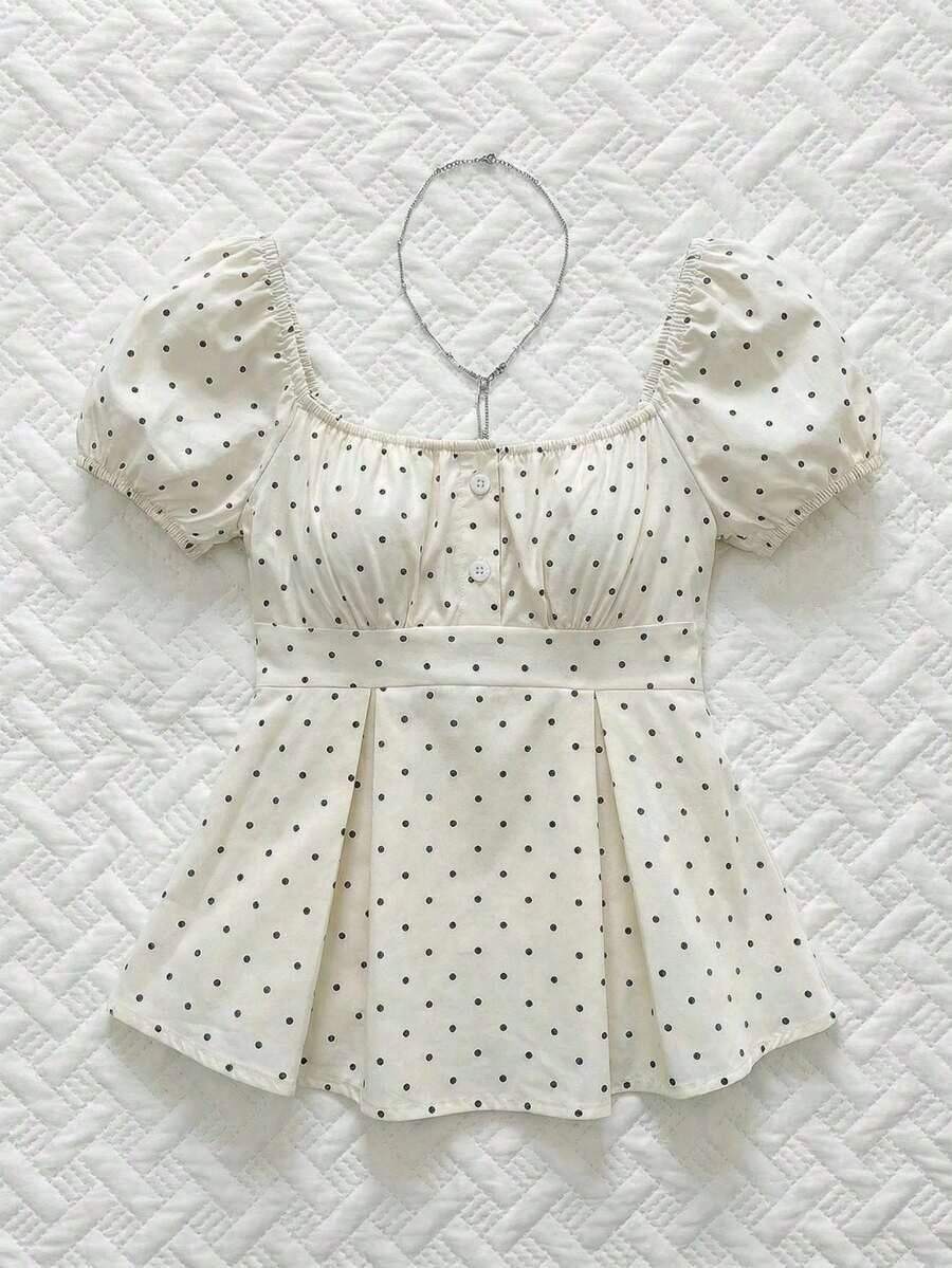 Sweetro Blusa de mujer con cuello en V, manga de pétalos y lunares blancos, estilo francés para primavera/verano - Albaricoque 2 - Ver 1