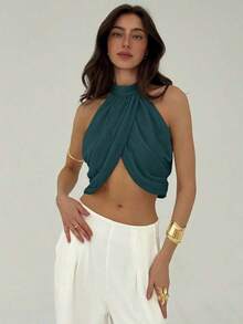 Blusa elegante y sexy para mujer con cuello cruzado, fruncido en la espalda y botones, de estilo casual y de vacaciones, de gasa - Verde Oscuro - Ver 4