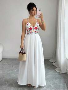 Vestido largo con abertura, escote en V, estampado floral, espalda elástica, diseño elegante y casual para uso diario, vacaciones y días festivos - Multicolor - Ver 6