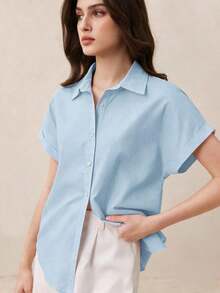 Nueva llegada Camisa casual de manga corta con botones delanteros de unicolor, adecuada para uso diario, primavera/verano - Azul - Ver 5