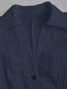 Blusa elegante de mujer con cuello en V y abotonadura sencilla, de manga corta y con rayas blancas, para primavera/verano - Azul marino - Ver 3