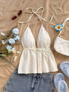 WYWH Top de tirantes blanco con cuello en V, textura de tela y espalda anudada, ideal para mujer en verano para fiestas, vacaciones, citas, San Valentín, tarde de té - Blanco - Ver 3