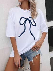 Solt 1pscINAWLY Camiseta casual de mujer con cuello redondo, manga caída y estampado de lazo, para el verano100%cotton graphic - Blanco 2 - Ver 4